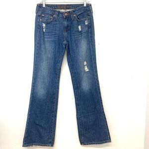 Hippie Distressed Bootcut Jeans Y2K Blue Low Rise Denim Size 27 Boho Inseam 32"